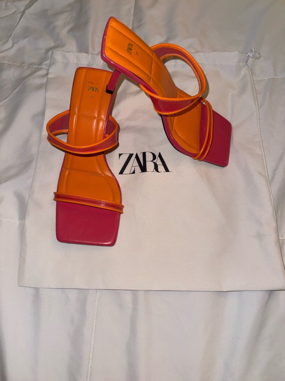 Zara Orange and Pink Strappy Square-Toe Heels